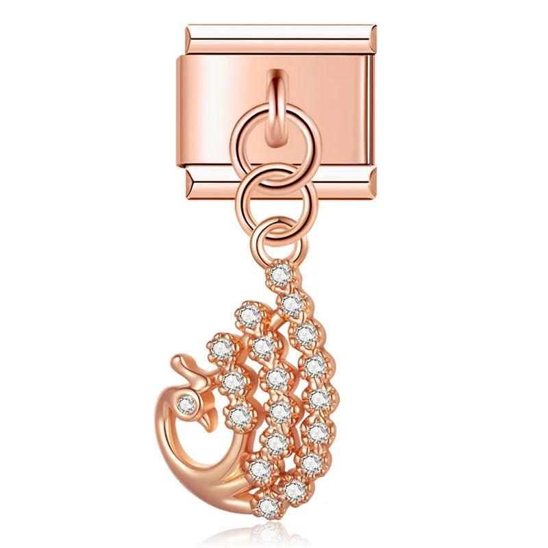 Rose gold peacock CZ pave dangle Italian charm, by Charmtastic