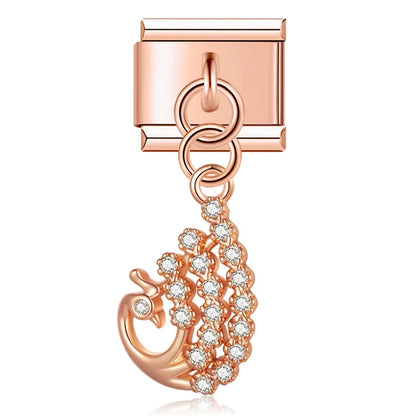 Rose gold peacock CZ pave dangle Italian charm, by Charmtastic