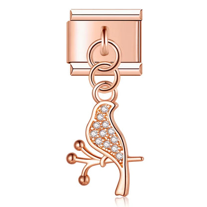 Rose gold woodpecker CZ pave dangle Italian charm, by Charmtastic