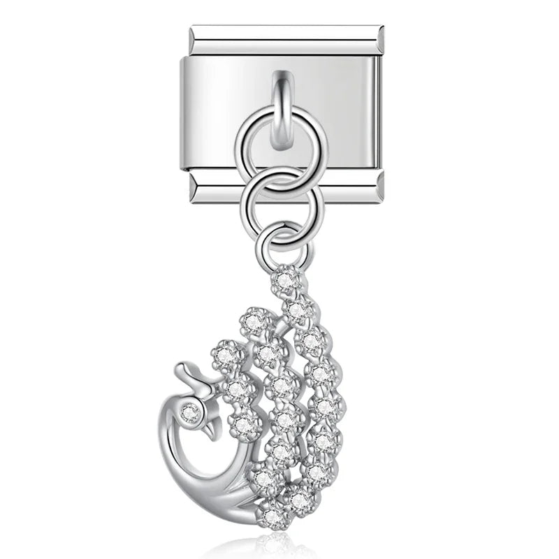 Silver peacock CZ pave dangle Italian charm, by Charmtastic