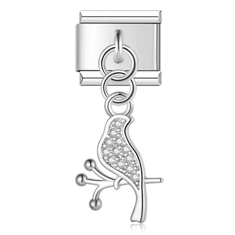 Silver woodpecker CZ pave dangle Italian charm, by Charmtastic