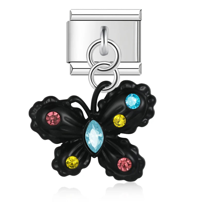 Black butterfly dangle charm with multicolor CZ — Italian charm, by Charmtastic