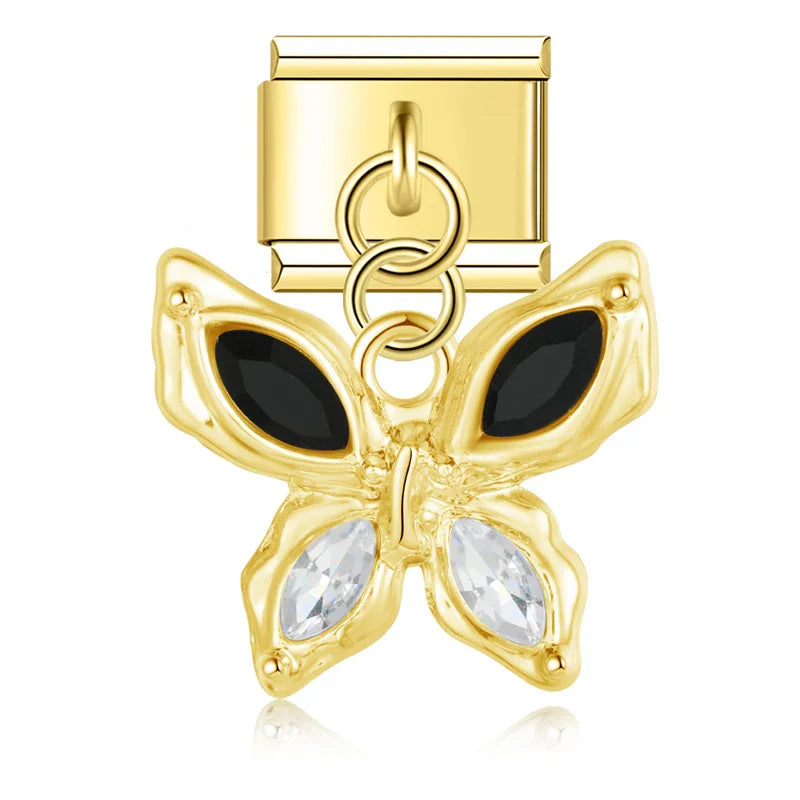 Gold butterfly dangle charm with black and clear CZ wings — Italian charm, by Charmtastic
