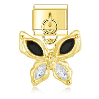 Gold butterfly dangle charm with black and clear CZ wings — Italian charm, by Charmtastic