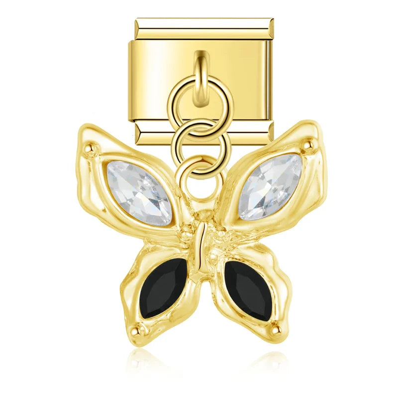 Gold butterfly dangle charm with black and clear CZ — Italian charm, by Charmtastic