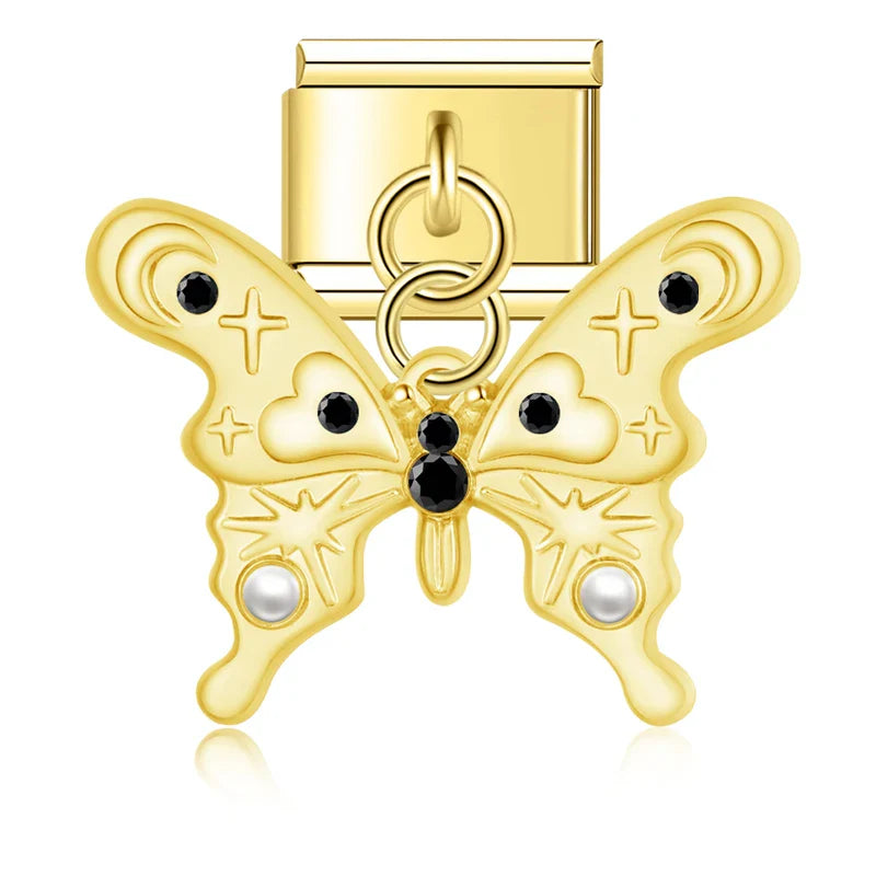 Gold ornate butterfly dangle charm with black accents and pearl — Italian charm, by Charmtastic