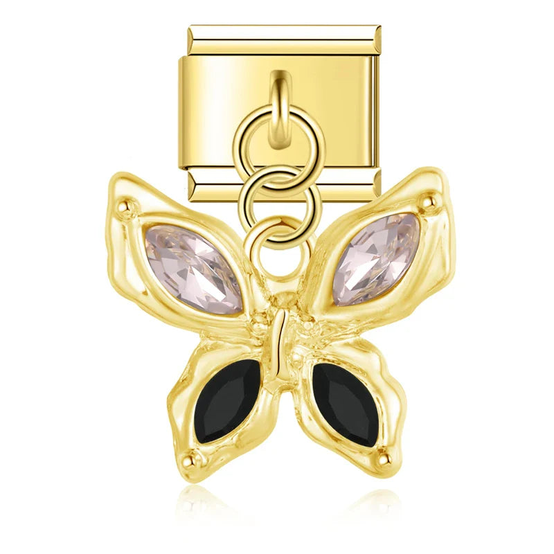 Gold butterfly dangle charm with black and pink CZ — Italian charm, by Charmtastic