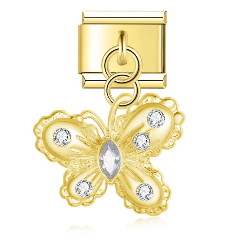 Gold filigree butterfly dangle charm with clear CZ — Italian charm, by Charmtastic