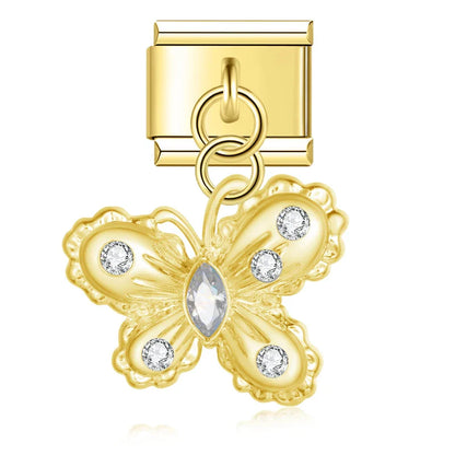 Gold filigree butterfly dangle charm with clear CZ — Italian charm, by Charmtastic