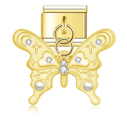 Gold ornate butterfly dangle charm with clear CZ — Italian charm, by Charmtastic