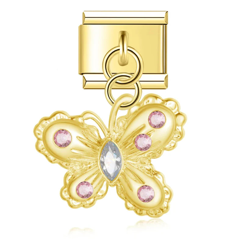 Gold butterfly dangle charm with pink CZ — Italian charm, by Charmtastic