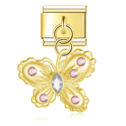 Gold butterfly dangle charm with pink CZ — Italian charm, by Charmtastic