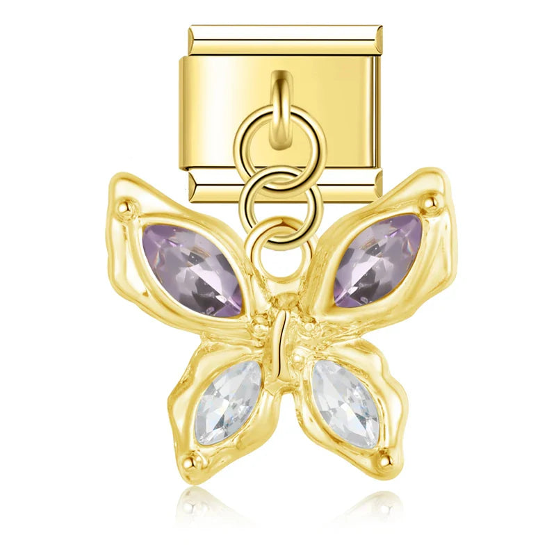 Gold butterfly dangle charm with purple and clear CZ — Italian charm, by Charmtastic