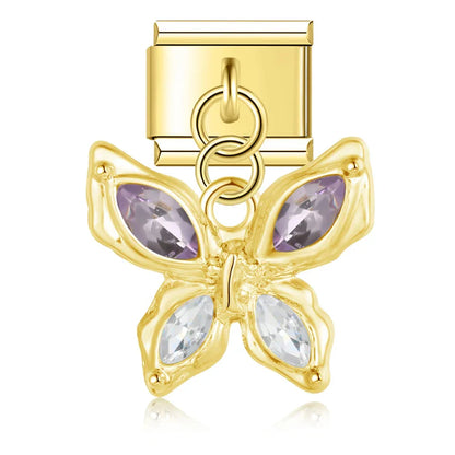 Gold butterfly dangle charm with purple and clear CZ — Italian charm, by Charmtastic