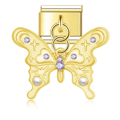 Gold ornate butterfly dangle charm with purple accents and pearl — Italian charm, by Charmtastic