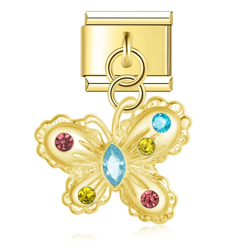 Gold pave butterfly dangle charm with rainbow CZ — Italian charm, by Charmtastic