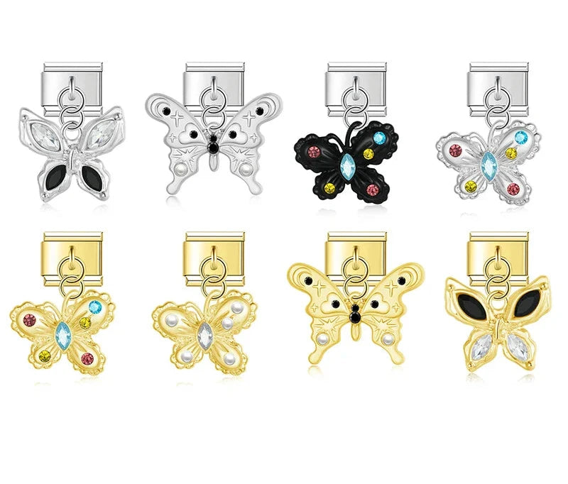 Jeweled CZ butterfly dangle Italian charms collection in silver and gold, by Charmtastic