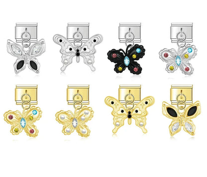 Jeweled CZ butterfly dangle Italian charms collection in silver and gold, by Charmtastic