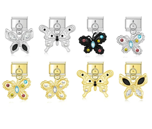 Jeweled CZ butterfly dangle Italian charms collection in silver and gold, by Charmtastic