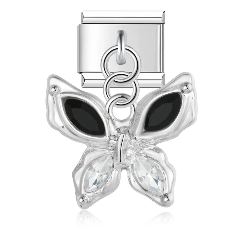 Silver butterfly dangle charm with black and clear CZ wings — Italian charm, by Charmtastic