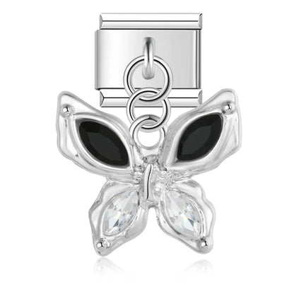 Silver butterfly dangle charm with black and clear CZ wings — Italian charm, by Charmtastic