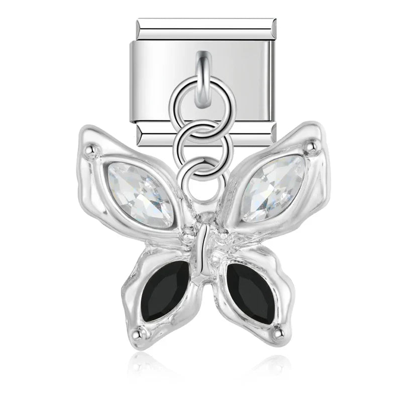 Silver butterfly dangle charm with black and clear CZ — Italian charm, by Charmtastic