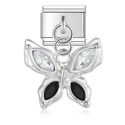 Silver butterfly dangle charm with black and clear CZ — Italian charm, by Charmtastic