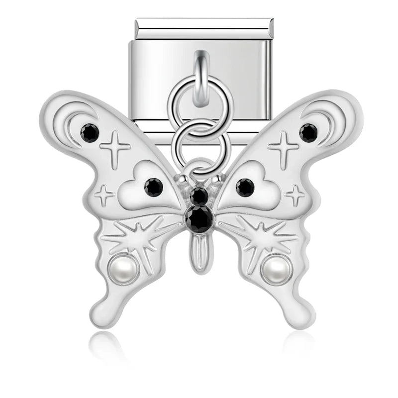 Silver ornate butterfly dangle charm with black accents and pearl — Italian charm, by Charmtastic