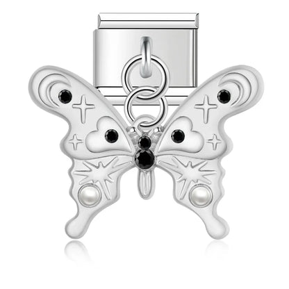 Silver ornate butterfly dangle charm with black accents and pearl — Italian charm, by Charmtastic