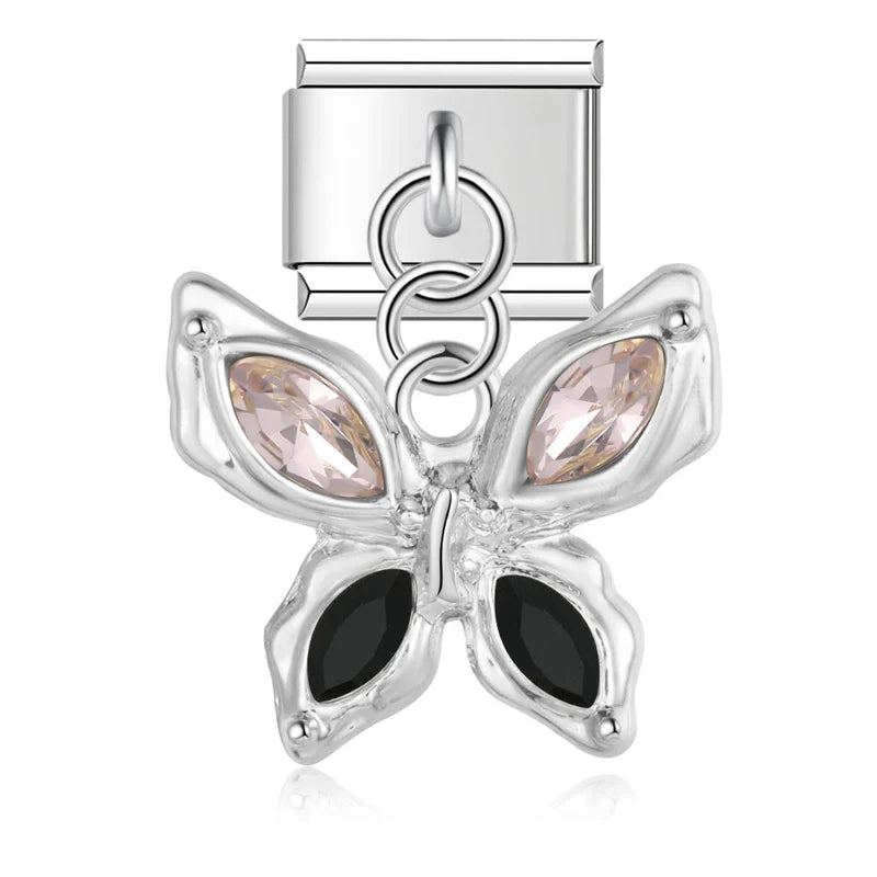 Silver butterfly dangle charm with black and pink CZ — Italian charm, by Charmtastic