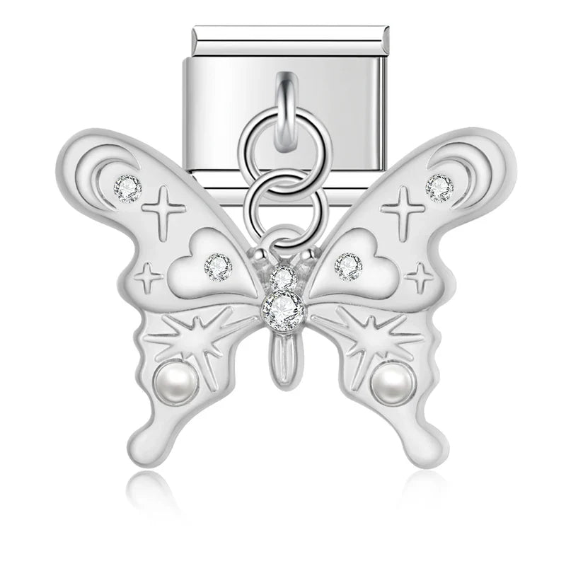 Silver ornate butterfly dangle charm with clear CZ — Italian charm, by Charmtastic