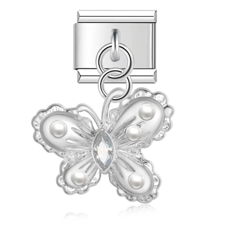 Silver filigree butterfly dangle charm with pearl — Italian charm, by Charmtastic