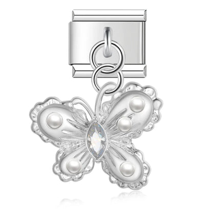 Silver filigree butterfly dangle charm with pearl — Italian charm, by Charmtastic