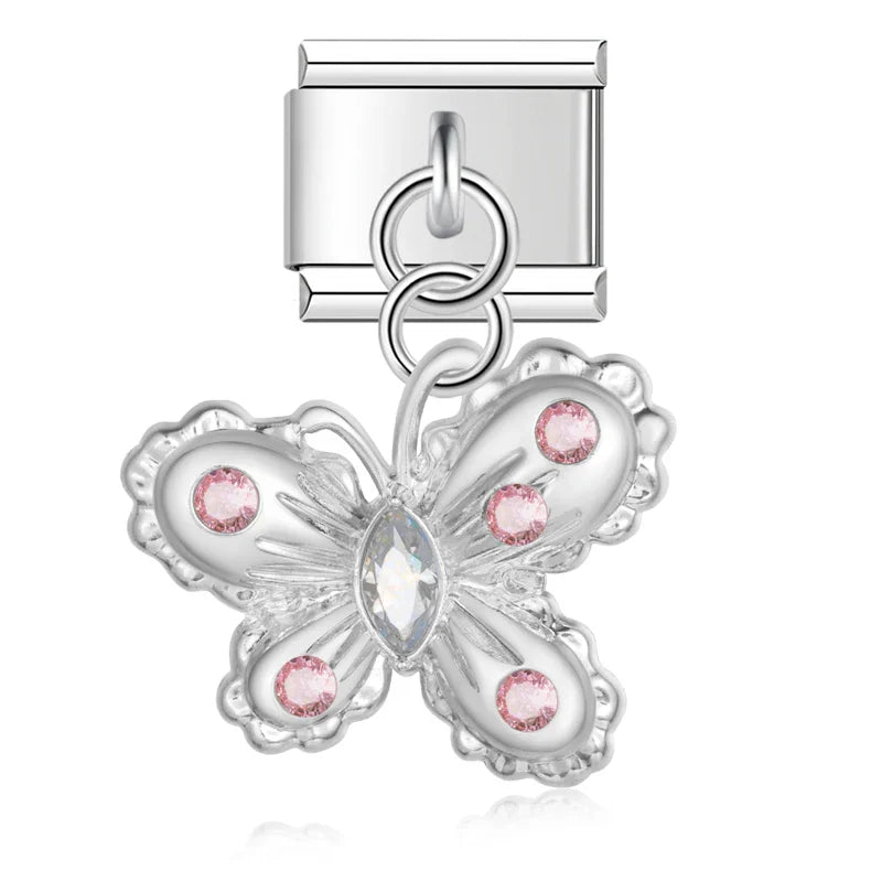 Silver butterfly dangle charm with pink CZ — Italian charm, by Charmtastic