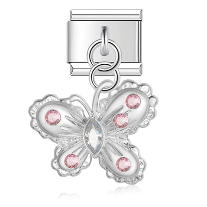 Silver butterfly dangle charm with pink CZ — Italian charm, by Charmtastic