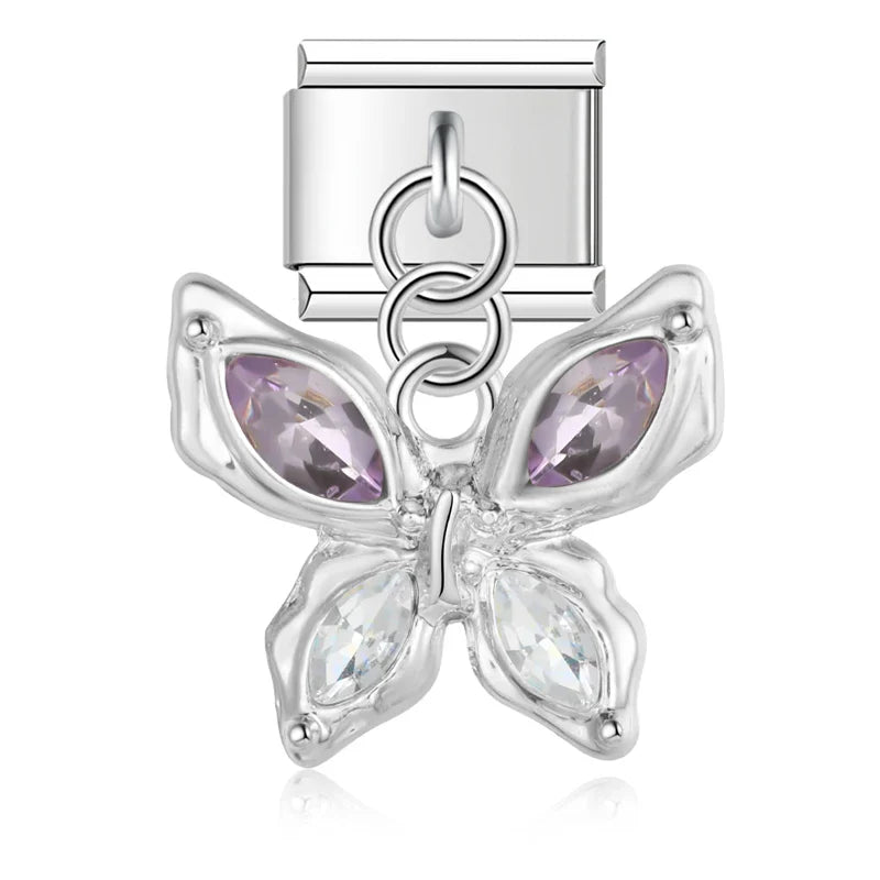 Silver butterfly dangle charm with purple and clear CZ — Italian charm, by Charmtastic