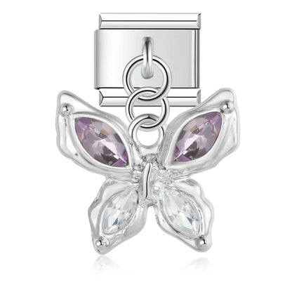 Silver butterfly dangle charm with purple and clear CZ — Italian charm, by Charmtastic