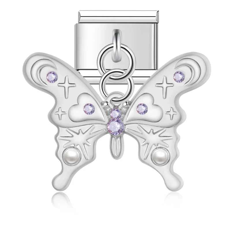 Silver ornate butterfly dangle charm with purple accents and pearl — Italian charm, by Charmtastic