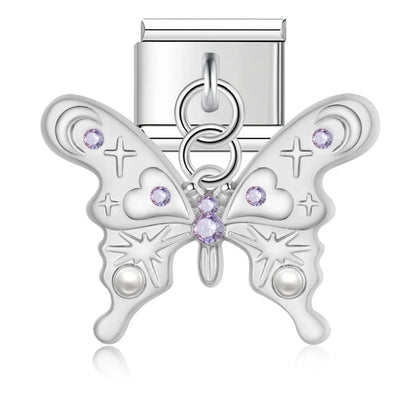 Silver ornate butterfly dangle charm with purple accents and pearl — Italian charm, by Charmtastic