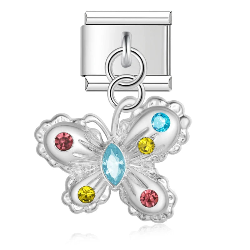 Silver pave butterfly dangle charm with rainbow CZ — Italian charm, by Charmtastic
