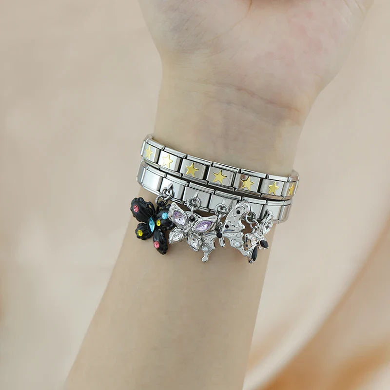 Jeweled butterfly dangle Italian charm detail — 9mm bracelet, by Charmtastic