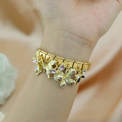 Jeweled butterfly dangle Italian charm close-up — 9mm bracelet, by Charmtastic
