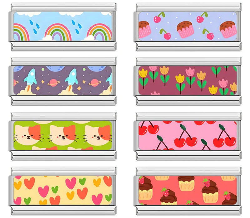 Kawaii Aesthetic & Repeat Pattern Charms – overview of 8 repeat pattern enamel charms: rainbows with raindrops, pink cupcakes and cherries, rocket ships in space, tulips, cat faces, cherries, hearts, and chocolate cupcakes with strawberries, Italian charm bracelet charms by Charmtastic