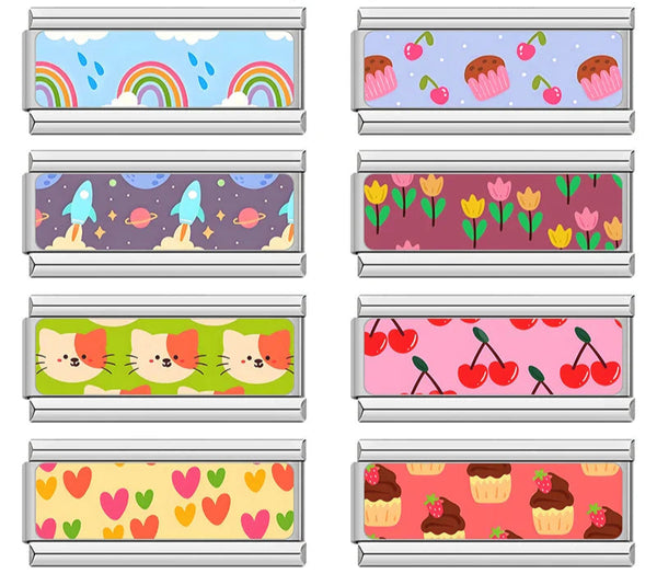 Kawaii Aesthetic & Repeat Pattern Charms – overview of 8 repeat pattern enamel charms: rainbows with raindrops, pink cupcakes and cherries, rocket ships in space, tulips, cat faces, cherries, hearts, and chocolate cupcakes with strawberries, Italian charm bracelet charms by Charmtastic