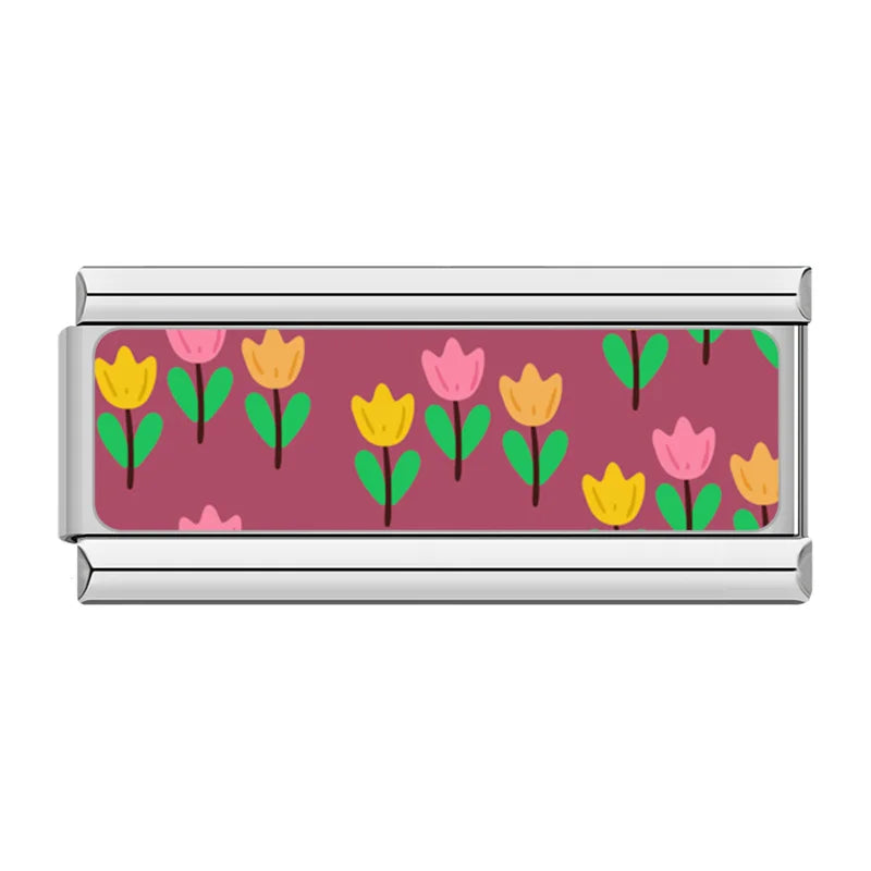 Kawaii Aesthetic & Repeat Pattern Charms – repeat pattern of pink, yellow and orange tulips on maroon background enamel charm, Italian charm bracelet charm by Charmtastic