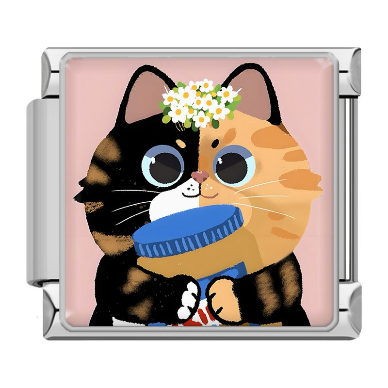 Kawaii Cat & Sweet Snack Time Italian Charms – calico cat cartoon enamel charm wearing daisy flower crown and holding a blue jar on pink background, Italian charm bracelet charm by Charmtastic