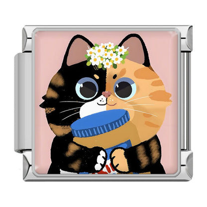 Kawaii Cat & Sweet Snack Time Italian Charms – calico cat cartoon enamel charm wearing daisy flower crown and holding a blue jar on pink background, Italian charm bracelet charm by Charmtastic