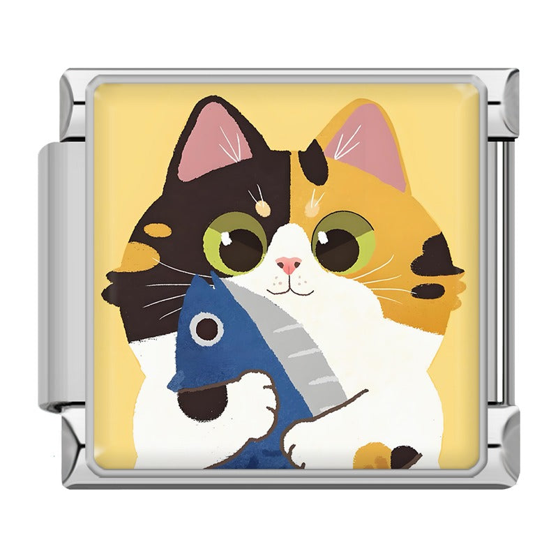 Kawaii Cat & Sweet Snack Time Italian Charms – second view of calico cat cartoon enamel charm hugging a blue fish, Italian charm bracelet charm by Charmtastic
