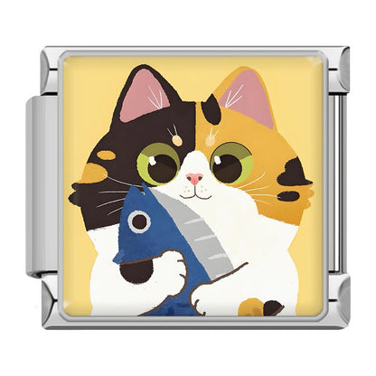 Kawaii Cat & Sweet Snack Time Italian Charms – second view of calico cat cartoon enamel charm hugging a blue fish, Italian charm bracelet charm by Charmtastic