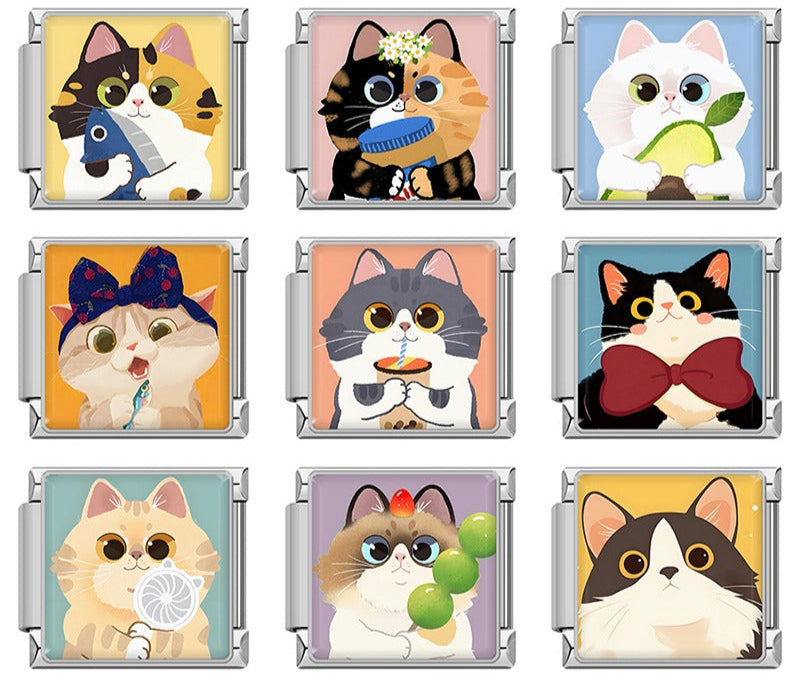 Kawaii Cat & Sweet Snack Time Italian Charms – overview of 9 cartoon cat enamel charms holding fish, avocado, bow tie, milk carton, daisy flowers, birthday drink, mochi, grapes and fan, Italian charm bracelet charms by Charmtastic